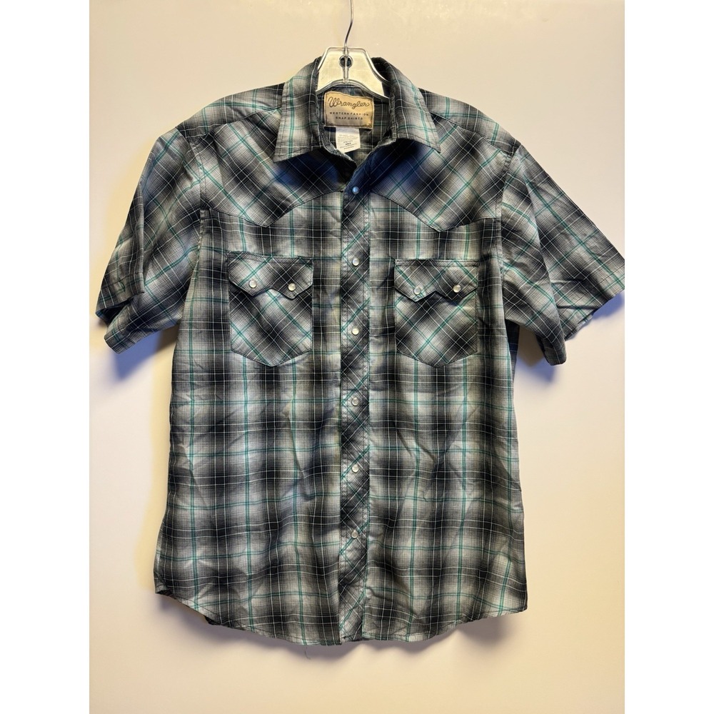 Wrangler Grey And Turquoise Plaid Pearl Snap button Up Men's Shirt Size‎ Medium